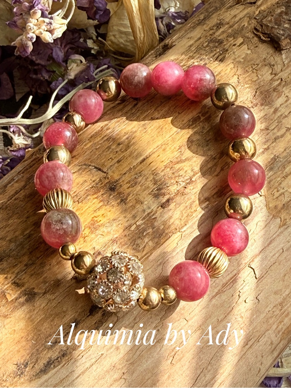 Alquimia antique gold hot Pink tourmaline Ceramic Focal Stretch Bracelet